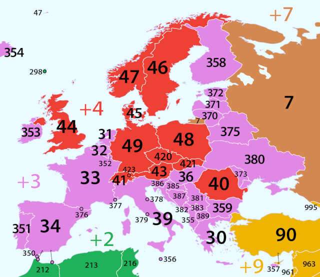 Mappa dei prefissi telefonici europei
